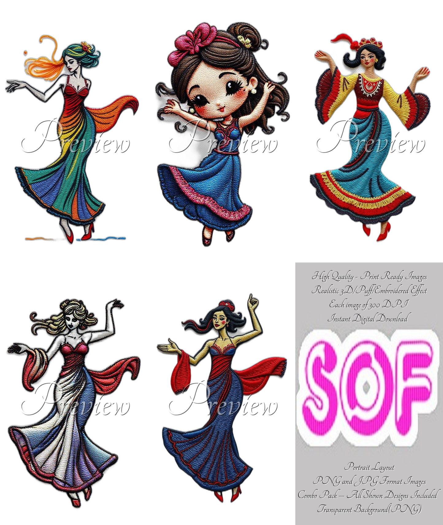 Woman Dancing Theme Pack of 5 Digital Images | 300 DPI Printable Art | Print on Demand Images