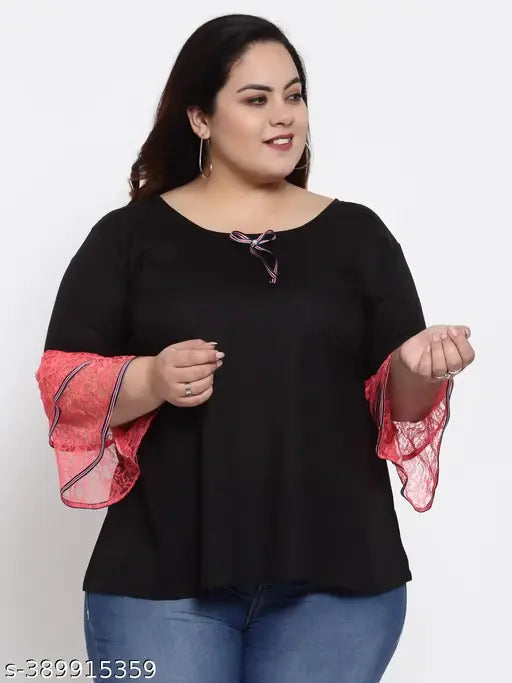 FAZZN Plus Size Black Solid Round Neck Full Sleeves Rayon Top