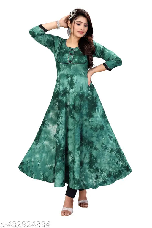 Ashima Designer Shibori Print Round Neck Best Rayon Green Color Anarkali Flared Gown