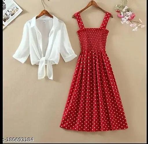 Nature Craft Women Stylish Striped Polka Dot Printed Smoking Dress with White Shirt for Women/Girls