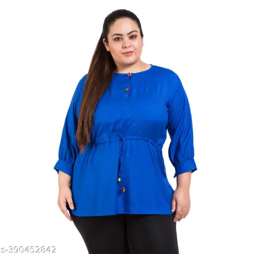 FAZZN Plus Size Blue Round Neck Three Quarter Sleeves Rayon Top