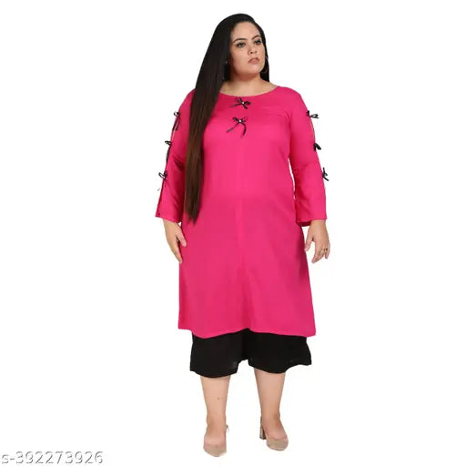 FAZZN Plus Size Pink Rayon Straight Round Neck Solid Kurti