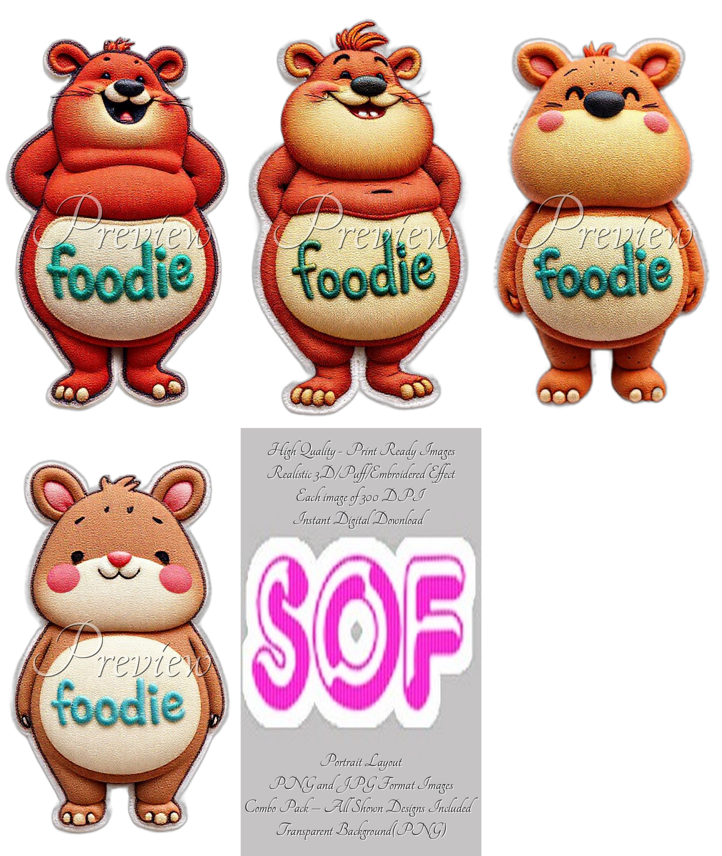 Foodie Theme Pack of 4 Digital Images | 300 DPI Printable Art | Print on Demand Images
