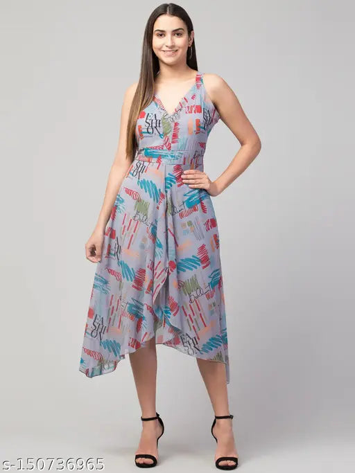 Women Printed Sleeveless Georgette Front Slit knee length Dress