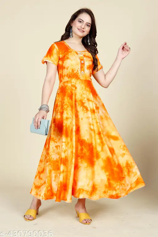 Ashima Designer Orange Color Short Sleeve Shibori Print Lace Work Gown Sheetal Online Fashion Store Ashima Designer Orange Color Short Sleeve Shibori Print Lace Work Gown Sheetal Online Fashion Store