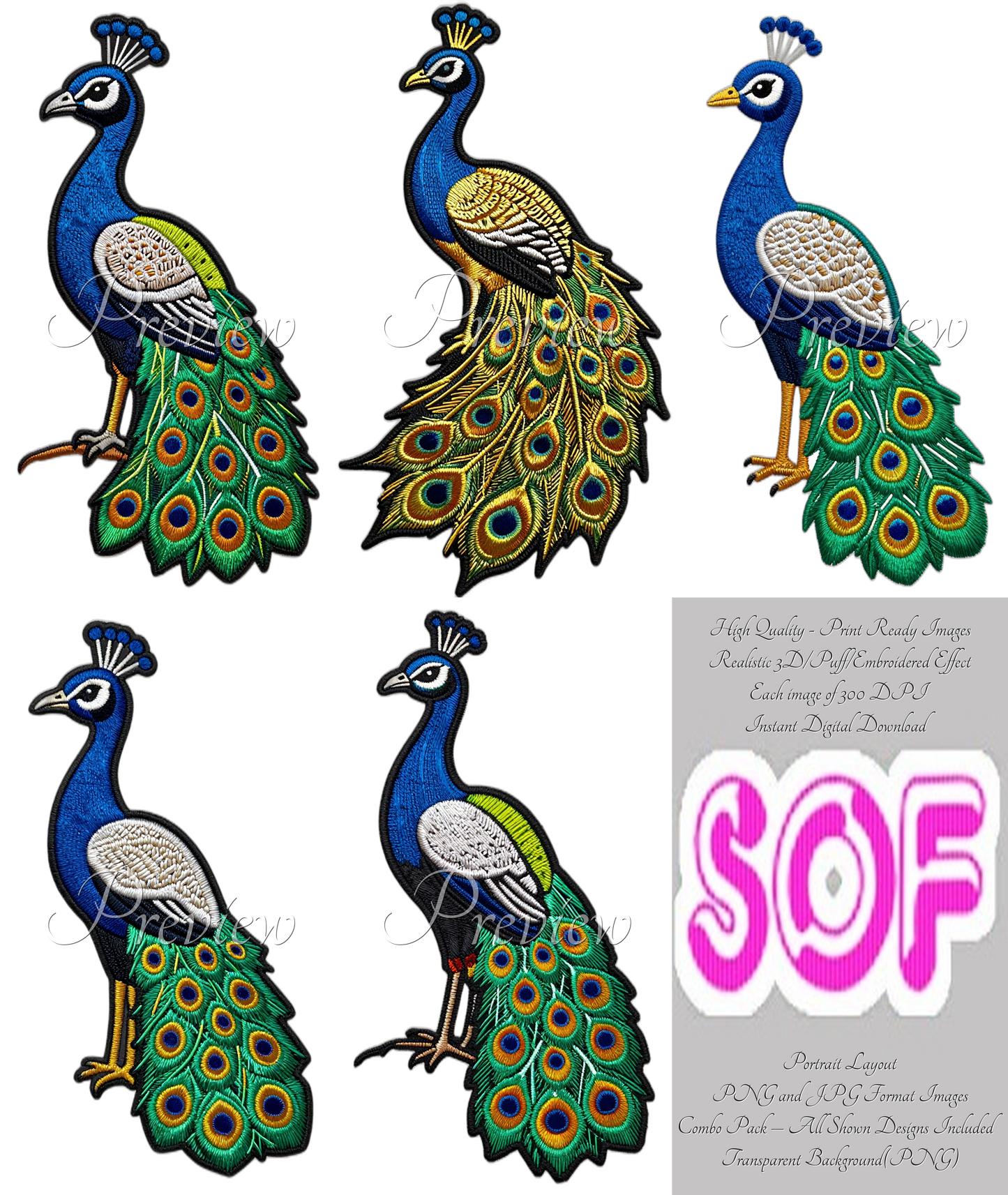 A Peacock Theme Pack of 5 Digital Images | 300 DPI Printable Art | Print on Demand Images