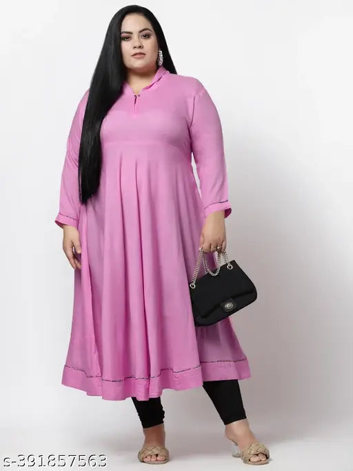 FAZZN Plus Size Rayon Ankle Length Straight V Neck Pink Kurti