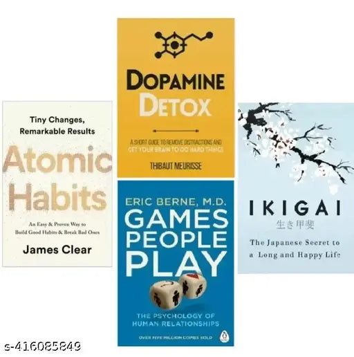 4 Selp Help Books Combo :- Atomic Habits + Dopamine + Game People Play + Ikigai (English Paperback James Clear Thibaut Meurisse Eric Berne Hector Garcia)
