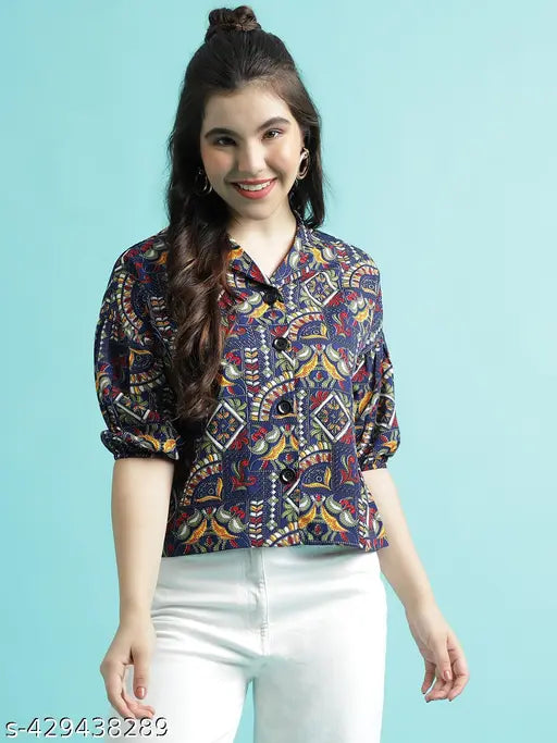 Women's Crepe Printed Ethnic Motif Resort Shirt