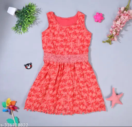 Nature Craft Orange Georgette Floral Sleevelesse knee Length Kids Dress