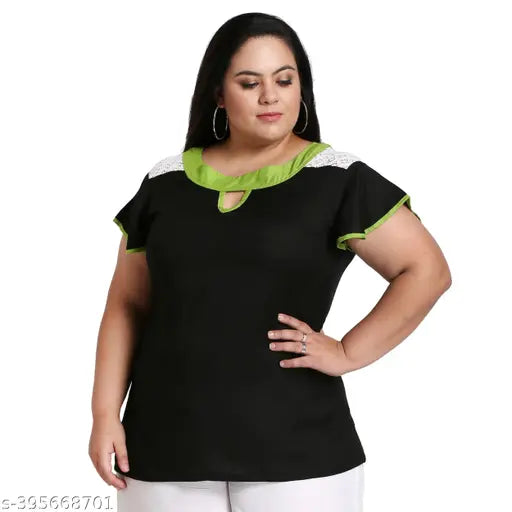 FAZZN Plus Size Elegant Black Round Neck Short Sleeves Rayon Top