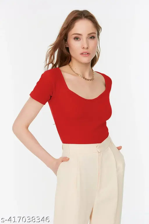 Redamancii Heart Neckline Short Sleeve Casual Ribbed Top for Girls and Women