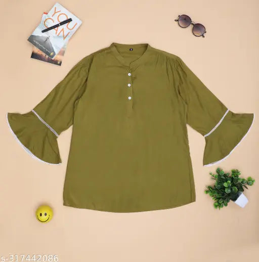 Nature Craft Olive Rayon Solid 3/4 Sleeve Stand Coller Hip Leanth Women Top