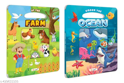 At the Farm and Under the Ocean Window Cut Board Book : Early Learning Picture Book Toddler Educational Book Die Cut Board Book Kids Learning Book - Pack of 2 Die Cut Shape Board Books