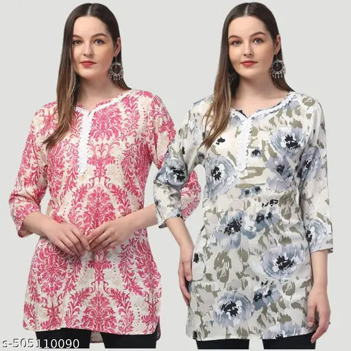 Women printed multicolou rayon embroded short kurti pack of 2