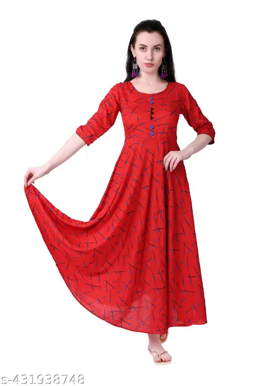 Ashima Designer Red Color Leheriya Printed Rayon Gown