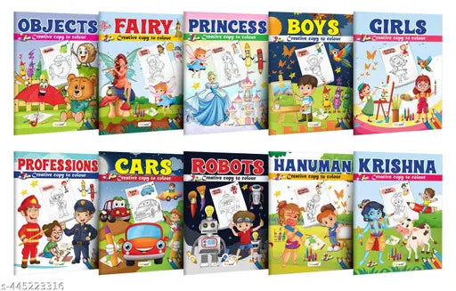 Objects Fairy Princess Boys Girl Professions Cars Robot Hanuman and Krishna - Creative Copy to Colour book :Kids Colouring Book Coloring Book for Toddlers Ages 3-12-Pack of 10 Colouring books