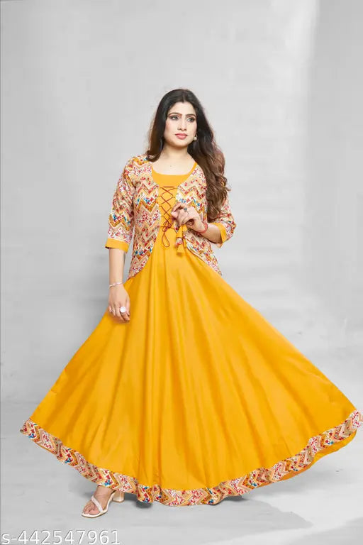 Ashima Designer Mustard Color Premium Rayon Kurti With Matching Koti Tussle And Tie Design