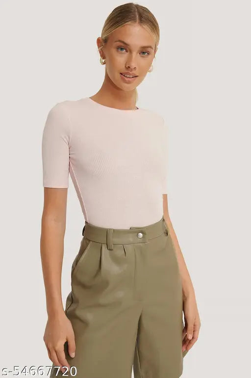 Round Neck Half Sleeve Ribbed Top for Women
