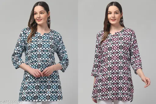 Women printed multicolour 3/4 sleeve rayon short kurti pack of 2