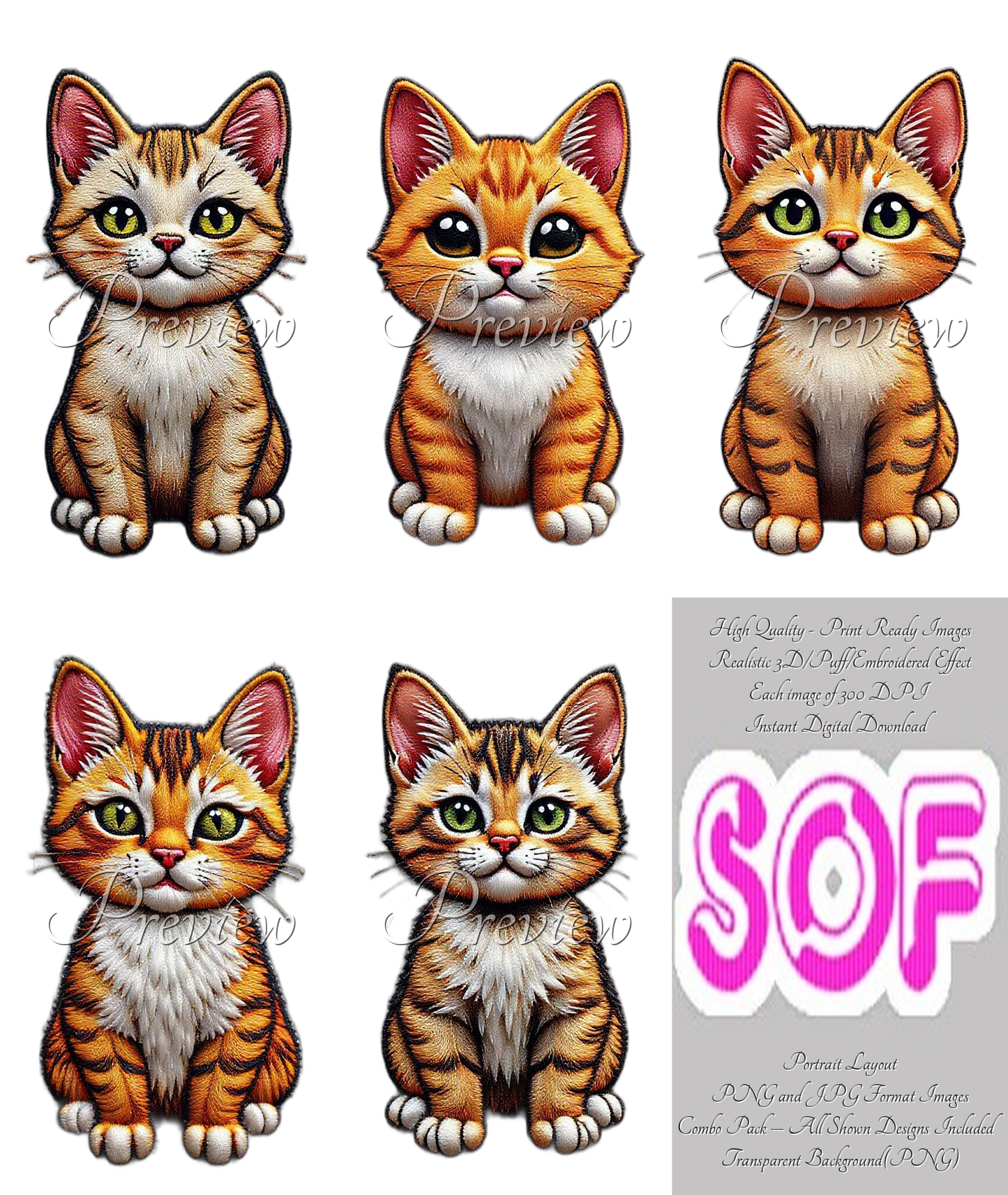 Cute Cat Theme Pack of 5 Digital Images | 300 DPI Printable Art | Images for Print on Demand