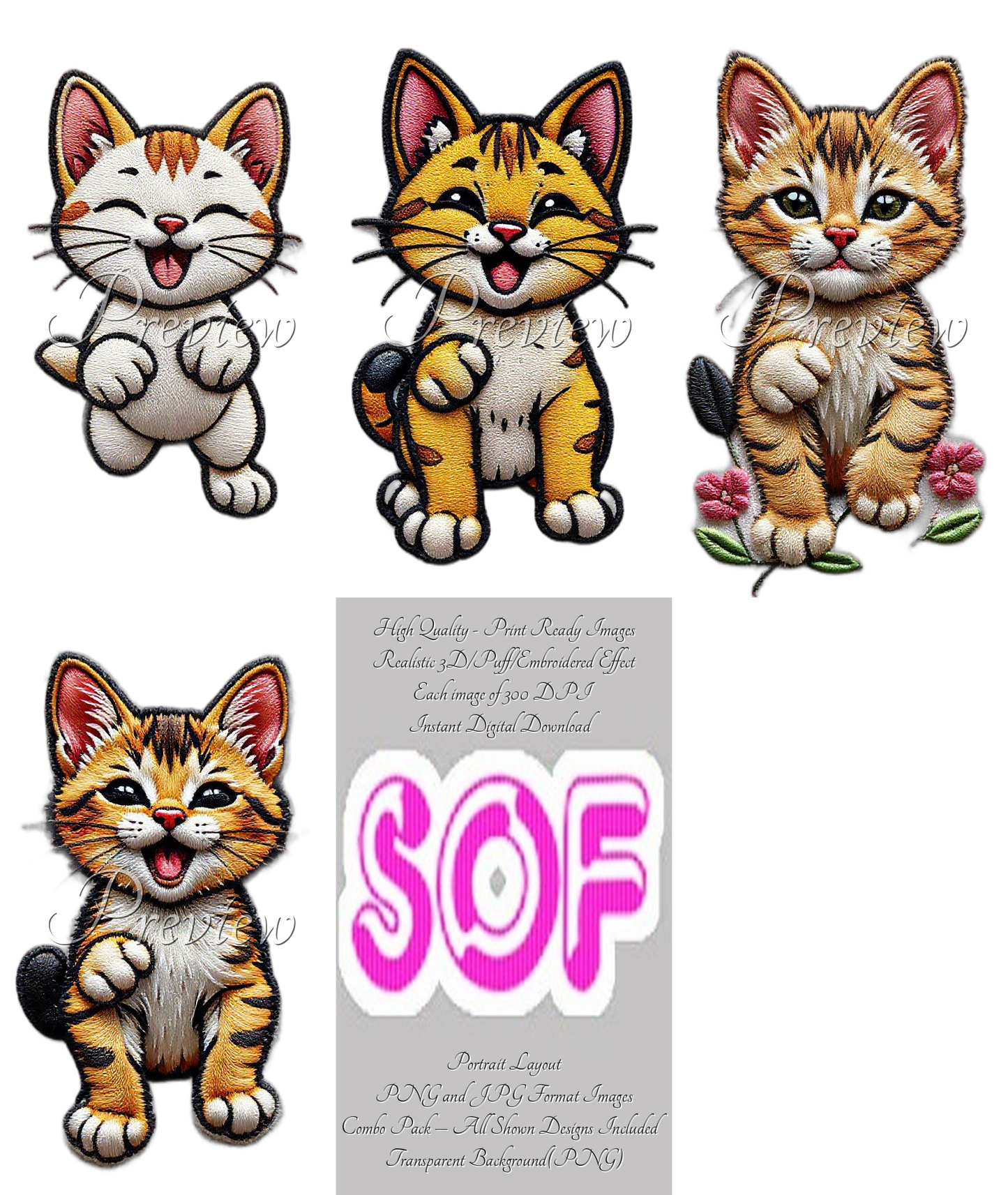 Pouncing Cat Theme Pack of 4 Digital Images – 300 DPI Printable Art