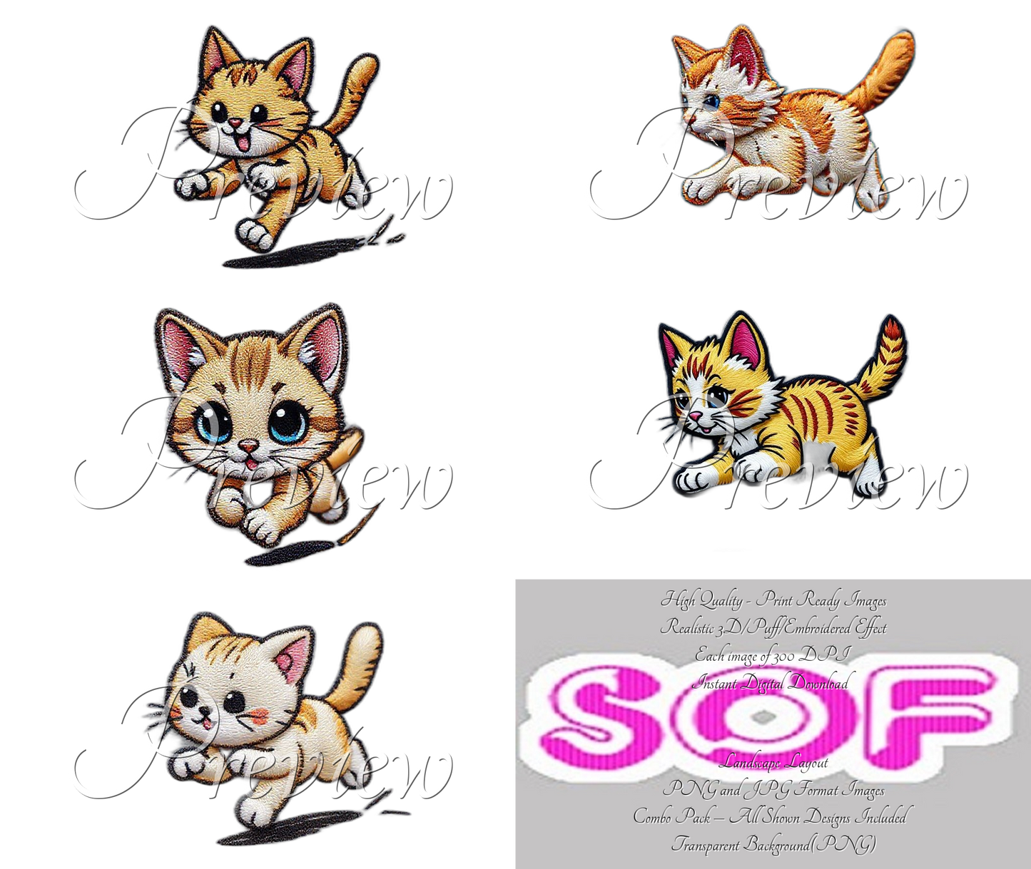 Cute Running Cat Theme Pack of 5 Digital Images – 300 DPI Printable Art| 300 DPI Printable Art | Images for Print on Demand