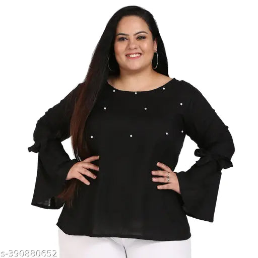 FAZZN Plus Size Chic Black Round Neck Full Sleeves Rayon Top