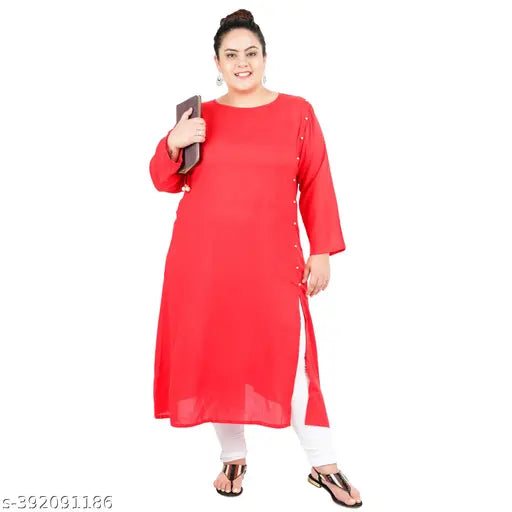 FAZZN Plus Size Customizable Ankle Length Solid Rayon Kurti in Red