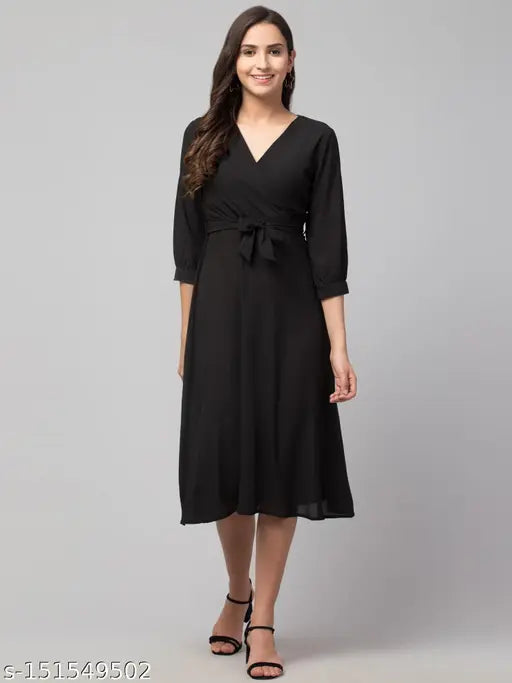 Women Solid Belted Midi Dress