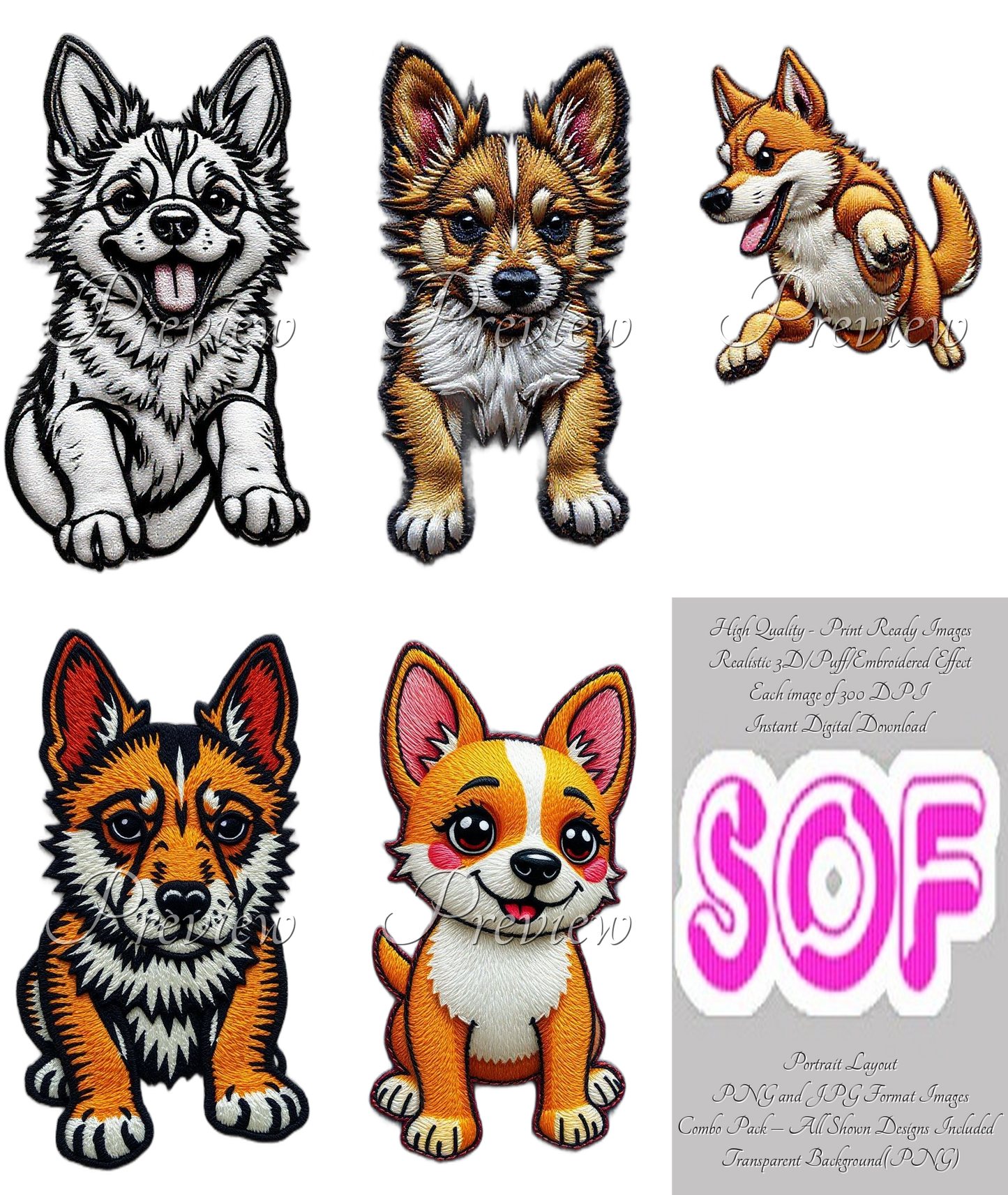 Pouncing Dog Theme Pack of 5 Digital Images – 300 DPI Printable Art