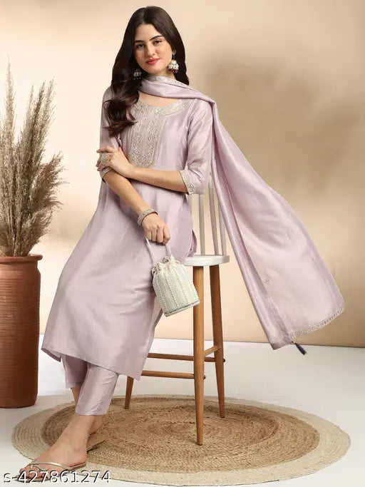 Women's Embroidered Kurta and Pant with Dupatta Set
