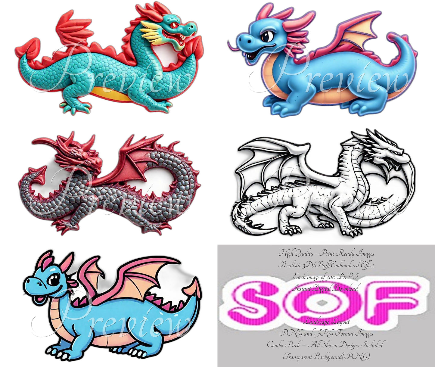 Dragon #newset1 Theme Pack of 5 Digital Images – 300 DPI Printable Art