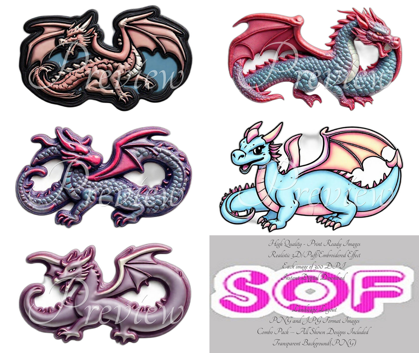 Dragon #newset2 Theme Pack of 5 Digital Images – 300 DPI Printable Art