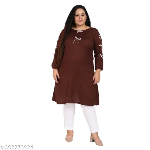 FAZZN Plus Size Brown Rayon Straight Round Neck Solid Kurti