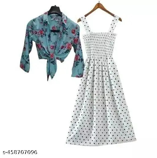 Nature Craft Women Stylish and Trendy Polka Stripe Blue Shrug Smoking White Dress for women
