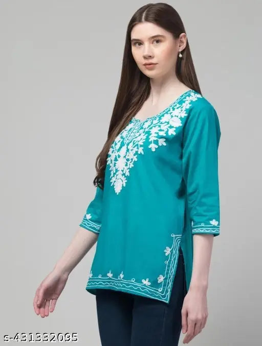 EMBROIDERED TRENDY SHORT KURTI MINT GREEN