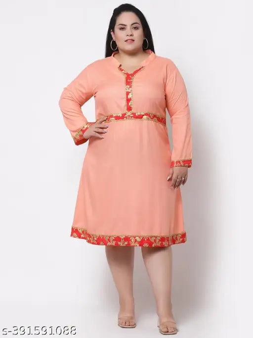 FAZZN Plus Size Customizable Knee-Length V Neck Full Sleeves Rayon Dress in Bawa