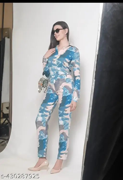 Avyola Women Stylish Cotton Blend Korean Abstract Printed Cuffed Full Sleeves Shirt And Bottom Co-ord Set With Front Pockets For Beach And Summer Occasions Casual And Party Wear
