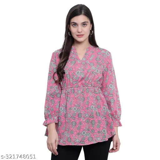 Nature Craft Pink Poly Crepe Floral Printed Full sleeve Women Tunic