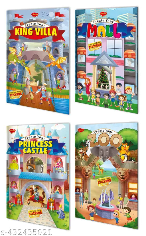 Create Your Kings Villa Mall Princess Castle and Zoo book for kids : Stickers activity book for kids Educational sticker activity book Creative sticker book - Set of 4 Sticker book for kids.