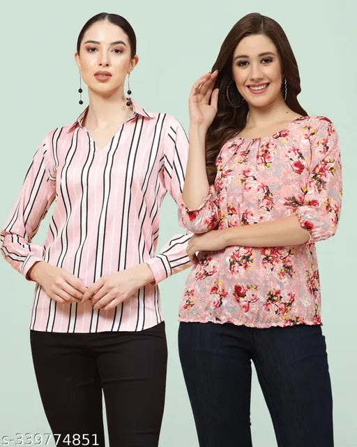 Women Printed Hip Length Multicolor Top{Pack Of 2}