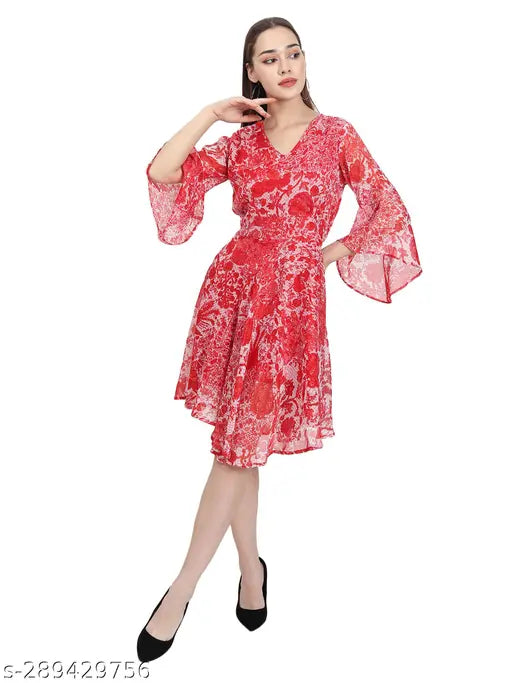 Nature Craft Women Orange Georgeot V-neck Floral Print A-Line Dress
