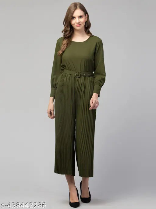 AVYOLA Girls Pleated & Gathered Belted Style Long Sleeves Round Neck Solid Jumpsuit