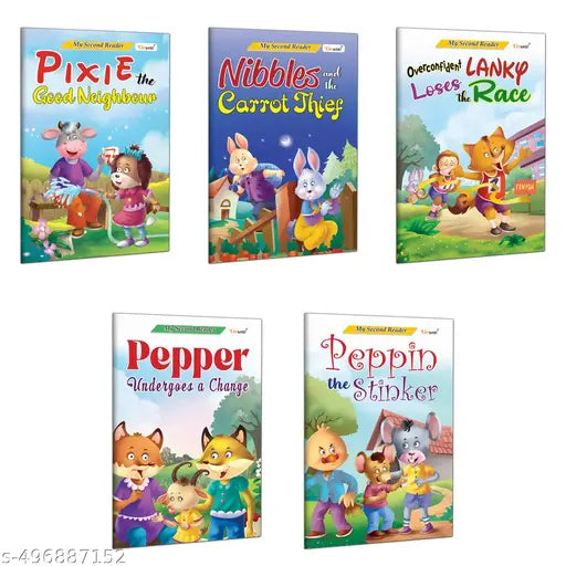 Second Reader Tales : Nibbles and the Carrot Thief Overconfident Lanky Loses the Race Pepper Undergoes a Change and more - Kids story book educational books for preschoolers - Combo of 5 Books