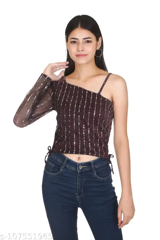 Women Girls One Shoulder Drawstrings Strappy Blouson Top