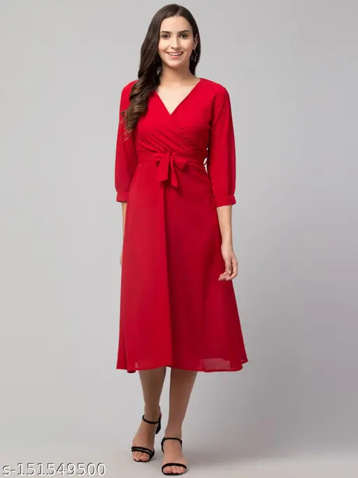Women Solid Belted Midi Dress