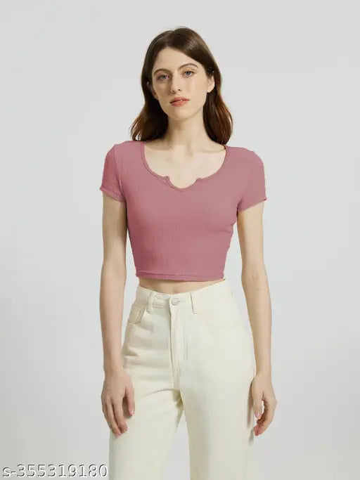 Women Casual Wear V Neck V Cut Half Sleeve Crop Cotton Blend Ribbed Top