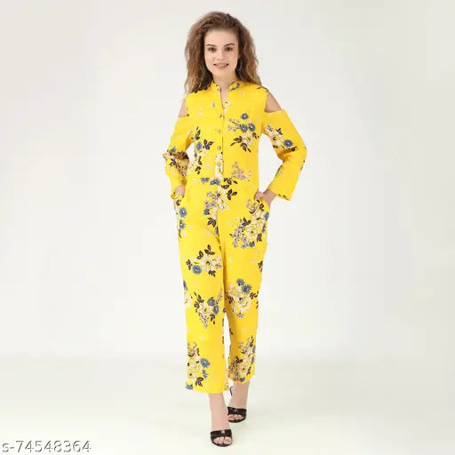 Nature Craft Cold Shoulder Floral Printd Shirt Type Jumpsuit With Mandarin Collar