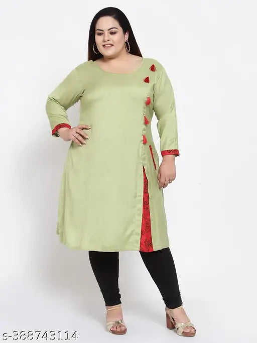 FAZZN Plus Size Knee-Length Rayon Green Kurti with Full Sleeves